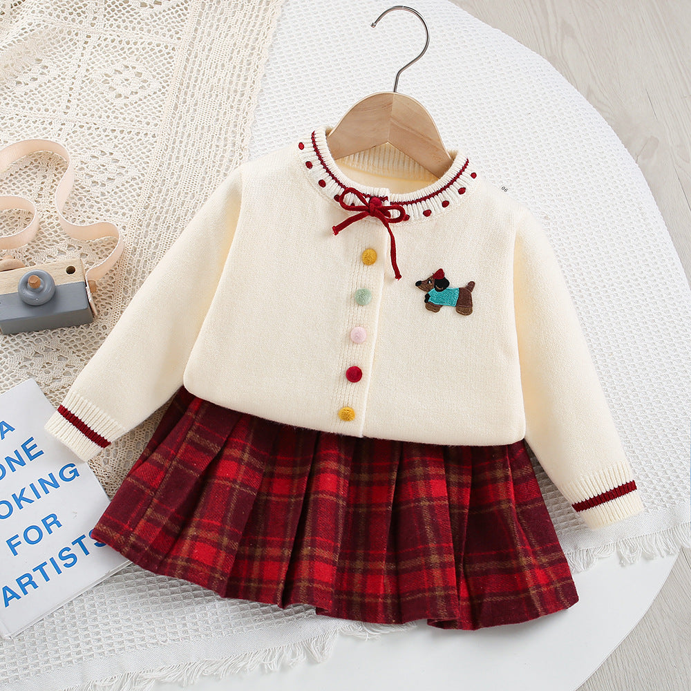 Girls Cute Puppy Sweater&Pleated Skirt 2pcs Set