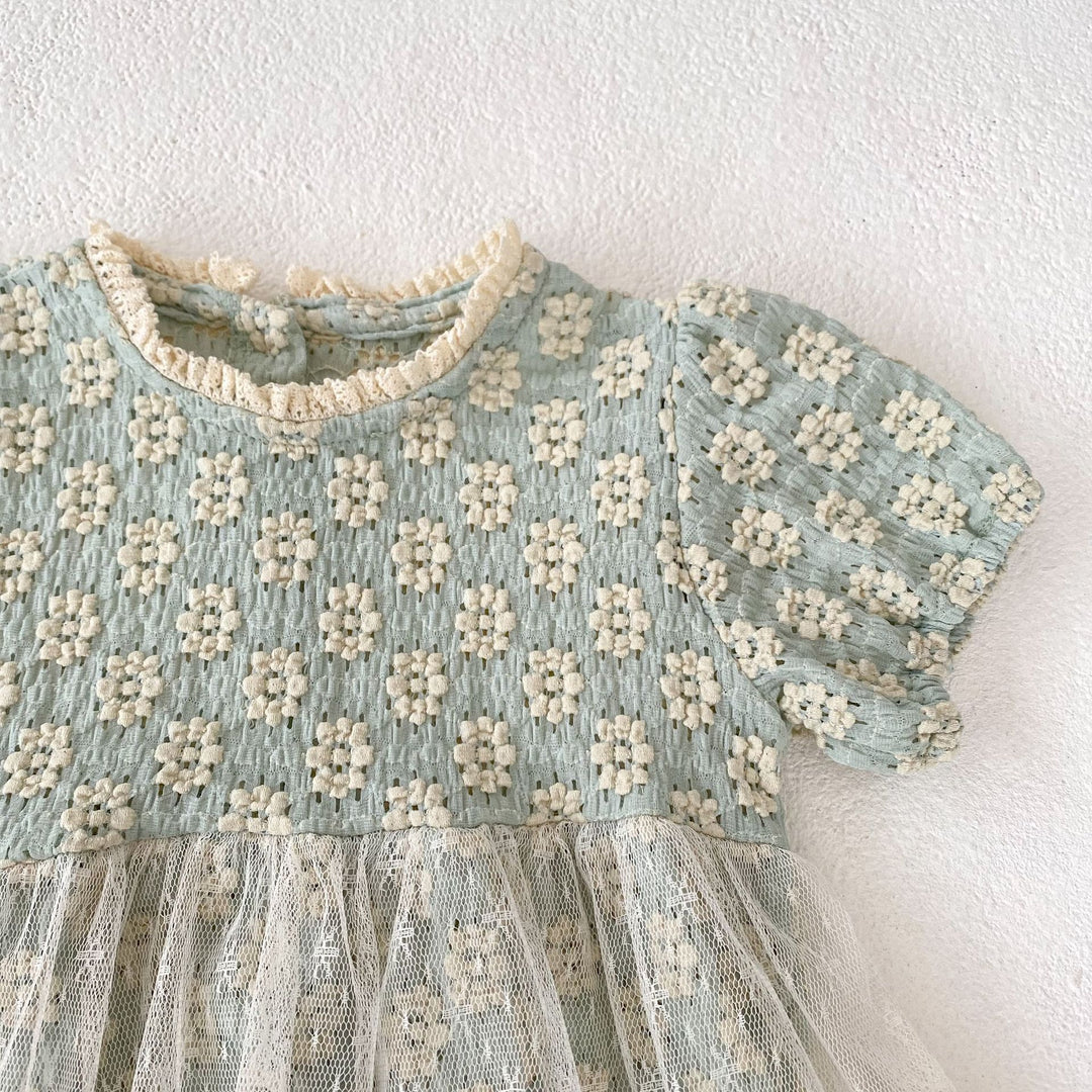 Baby Flower jacquard romper with lace mesh