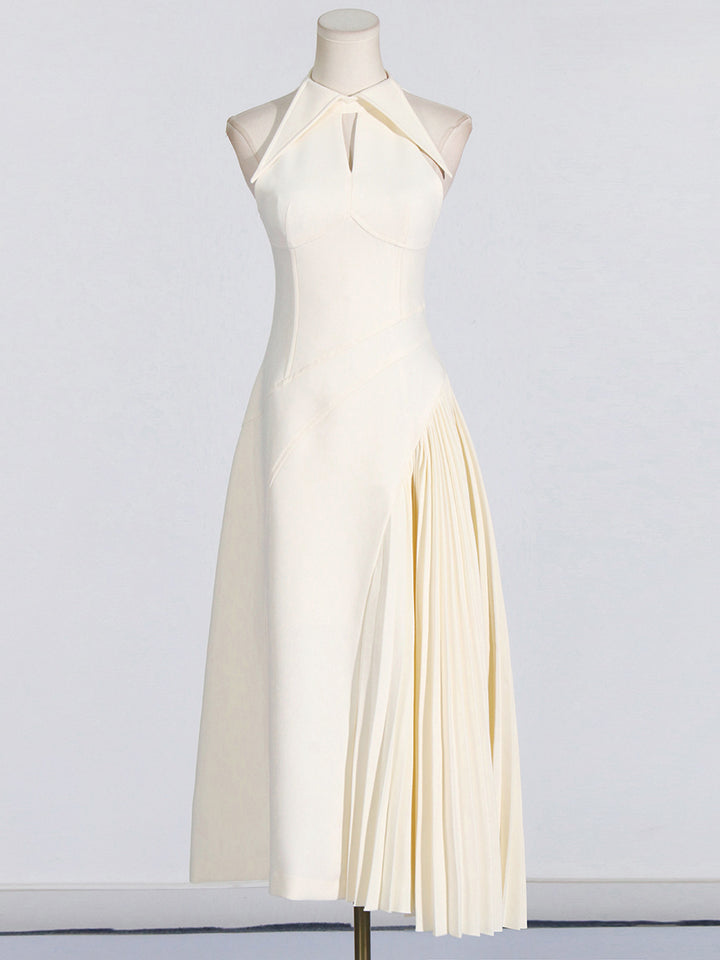 Lapel hollow sleeveless waist pleated dress