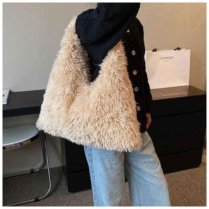 Large capacity plush bag solid color furry shoulder bag