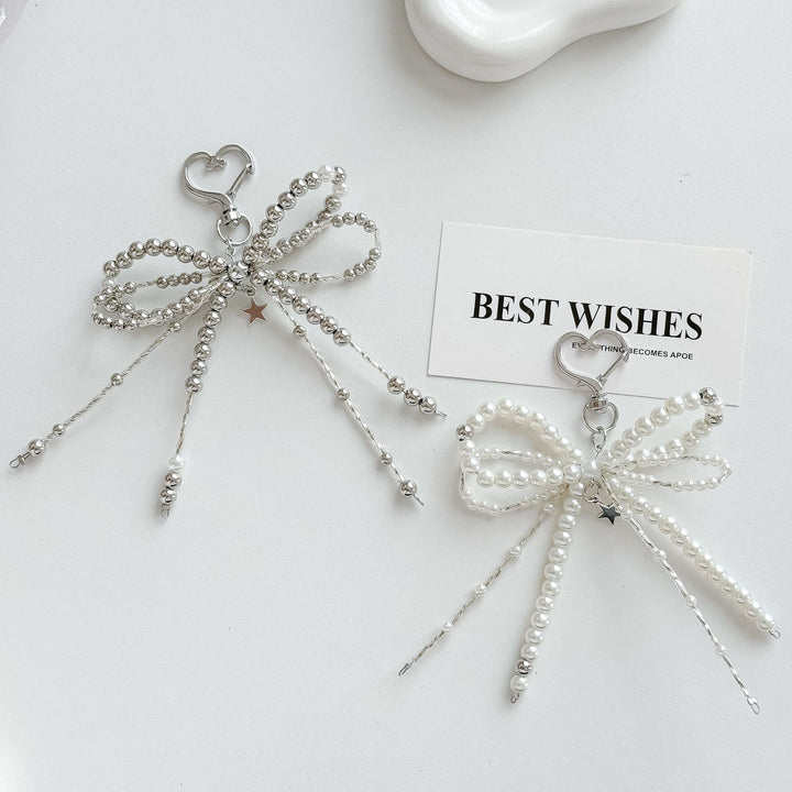 DIY handmade keychain with woven pearl bow tie