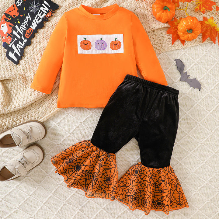 Halloween Cute Pumpkin Embroidered Flared Pants Suit
