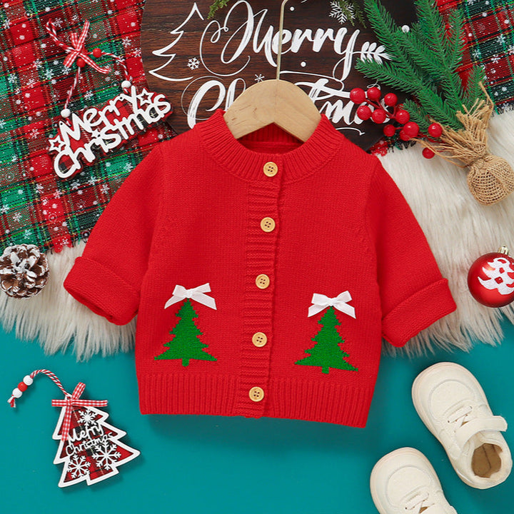 Christmas tree jacquard cute bow knitted sweater