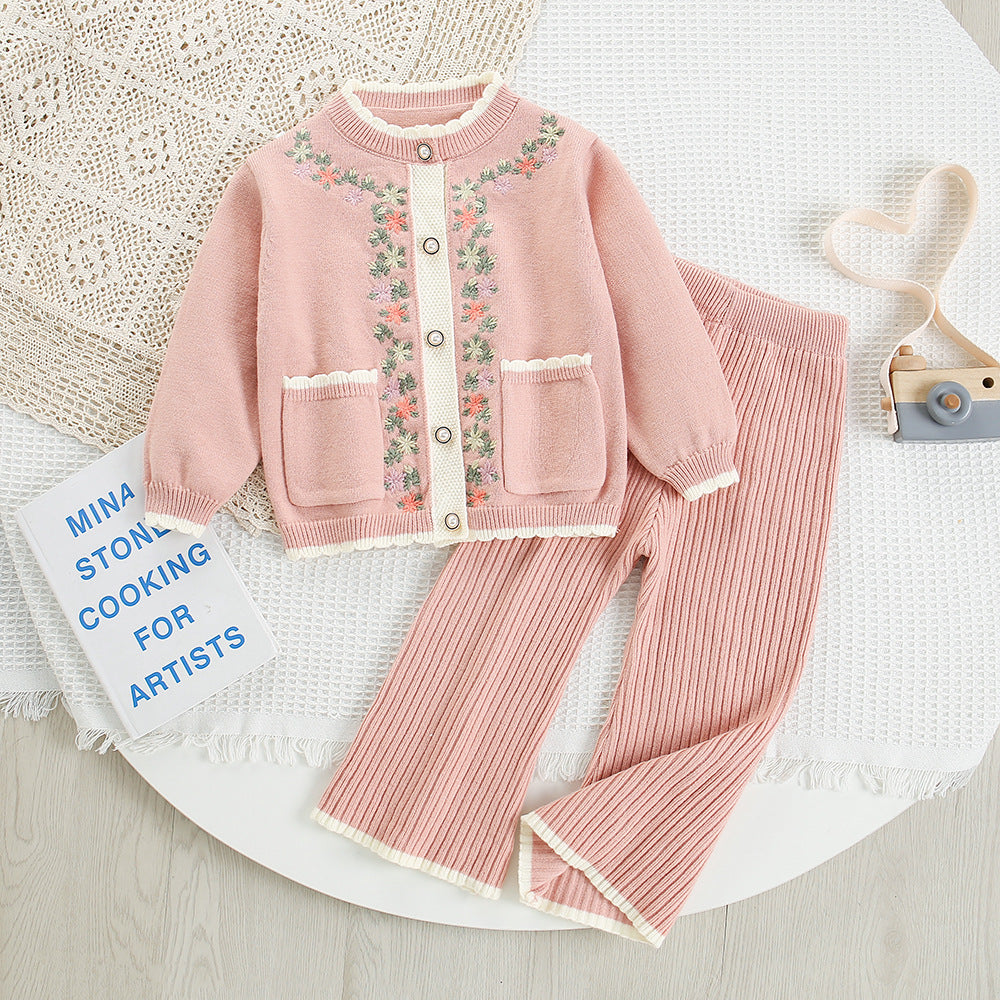 Girls Embroidered Flower Knitted Cardigan&Pants 2pcs Set