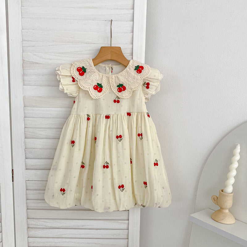 Girls' dress with cherry embroidery princess dress