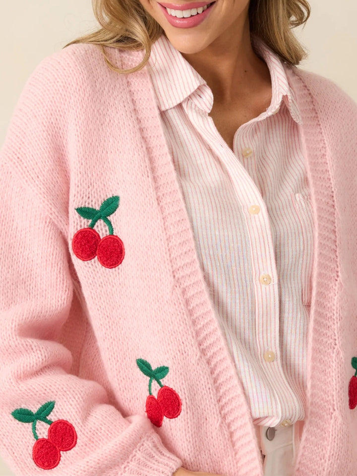 Cherry Embroidery Pink Sweater Cardigan for women