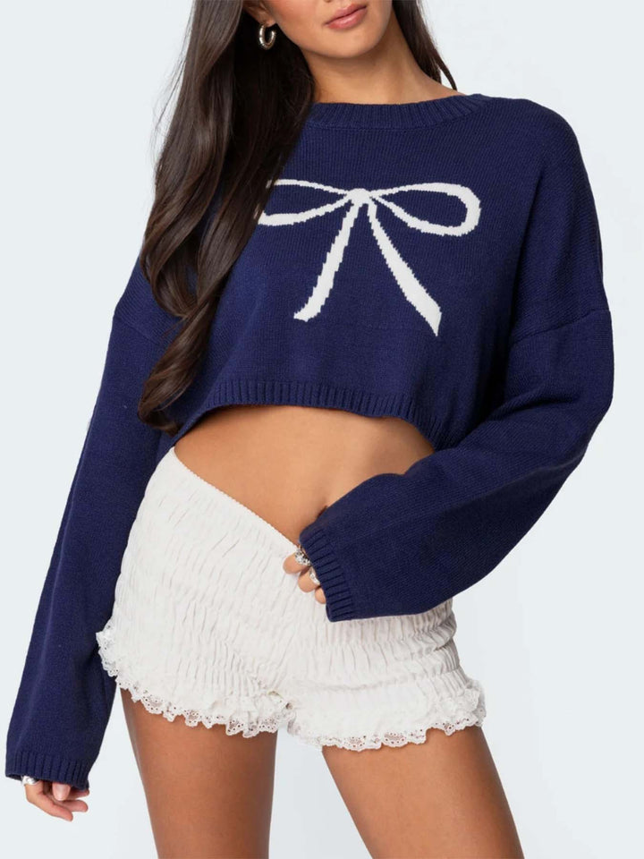 Bow jacquard pullover navy crop sweater