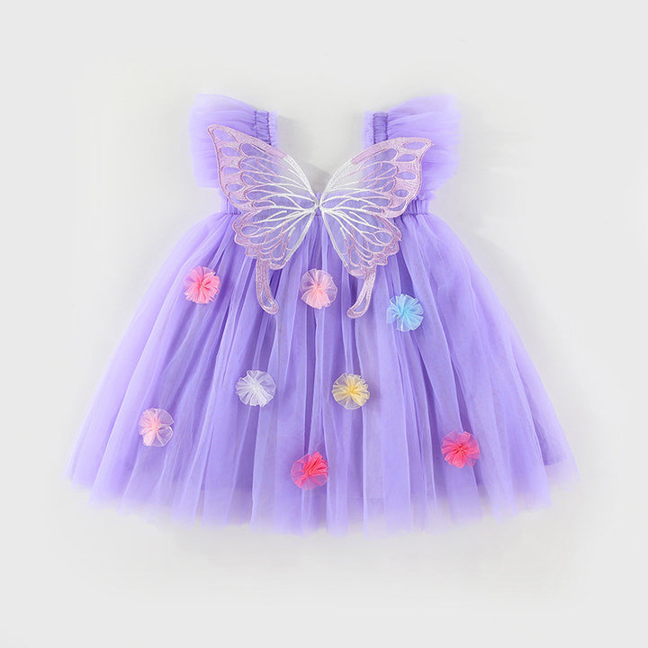 Girls'3D butterfly wings&flowers suspender mesh dress