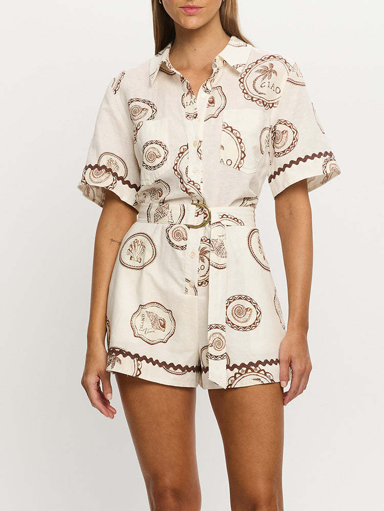 Ocean dream shell short sleeve shirt belt jumpsuit