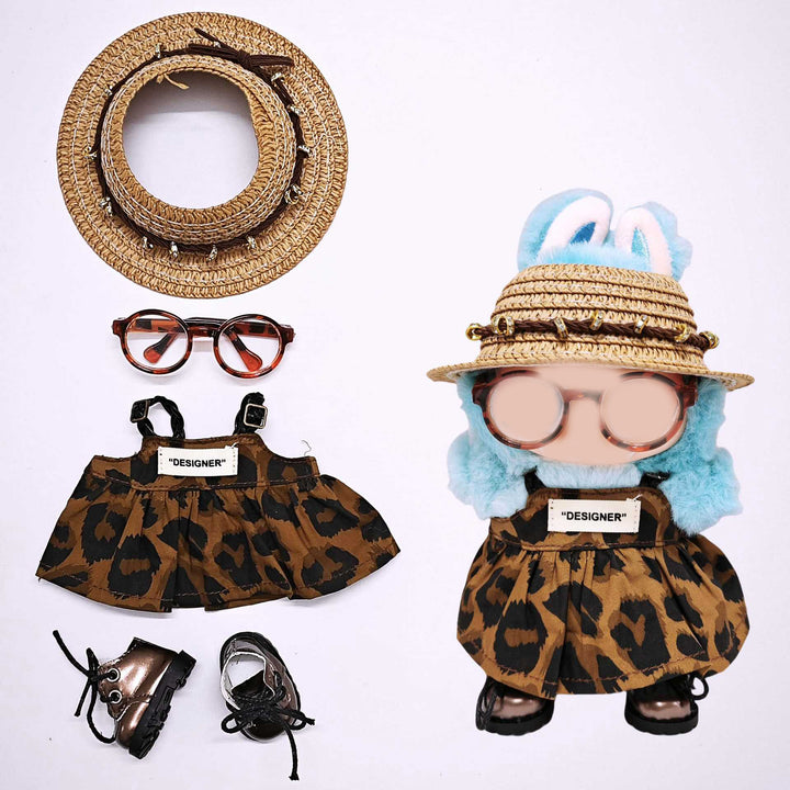 Labubu leopard print overalls dress straw hat and shoes 4PCS set