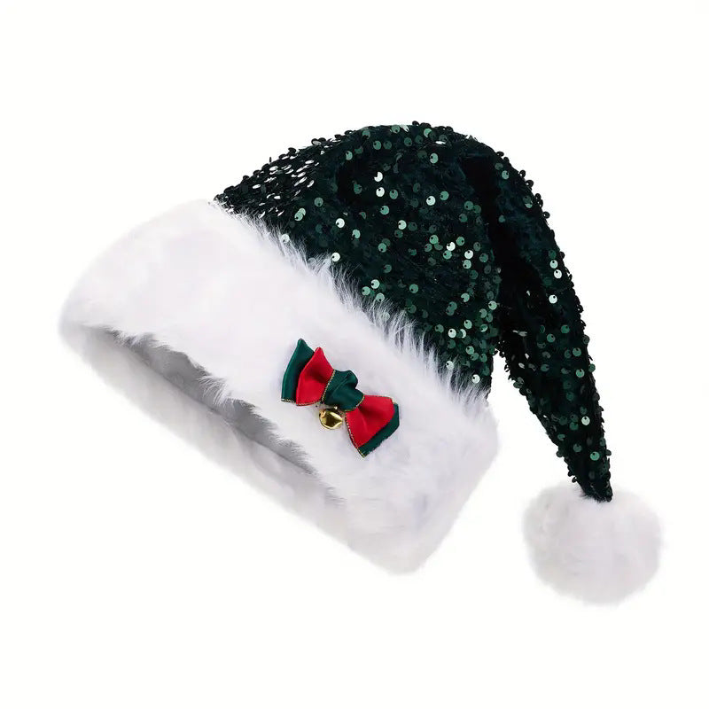 Christmas red sequin bow plush hat holiday hat