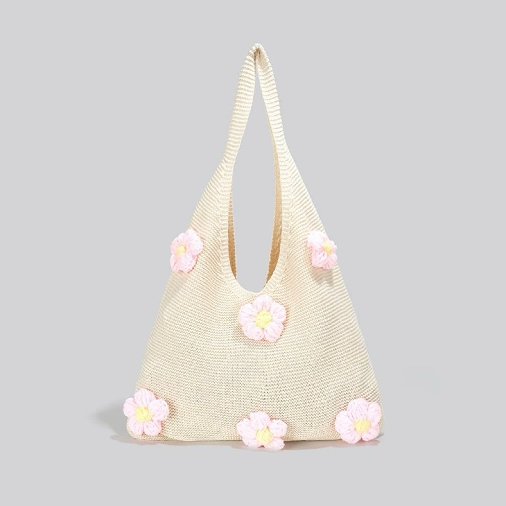Sweet flower knitted woven bag beach shoulder bag