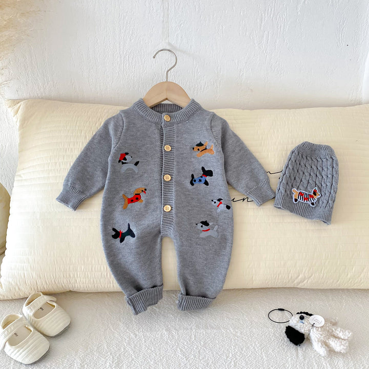 Baby puppy embroidered knitted warm romper