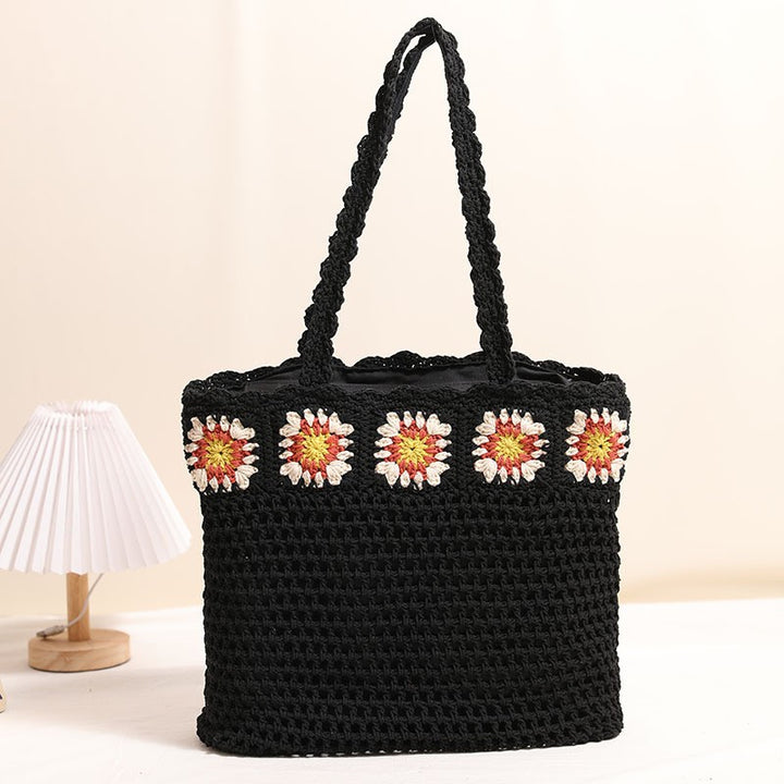 Large capacity cotton woven bag hollow flower knitted beach bag
