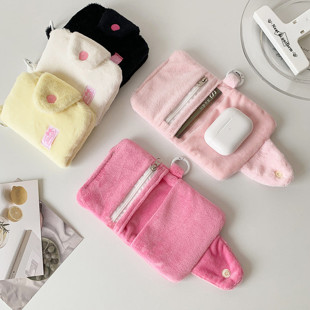 Fluffy solid color snap clasp card holder mini wallet earphone bag