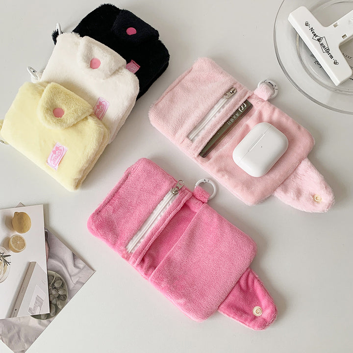 Fluffy solid color snap clasp card holder mini wallet earphone bag
