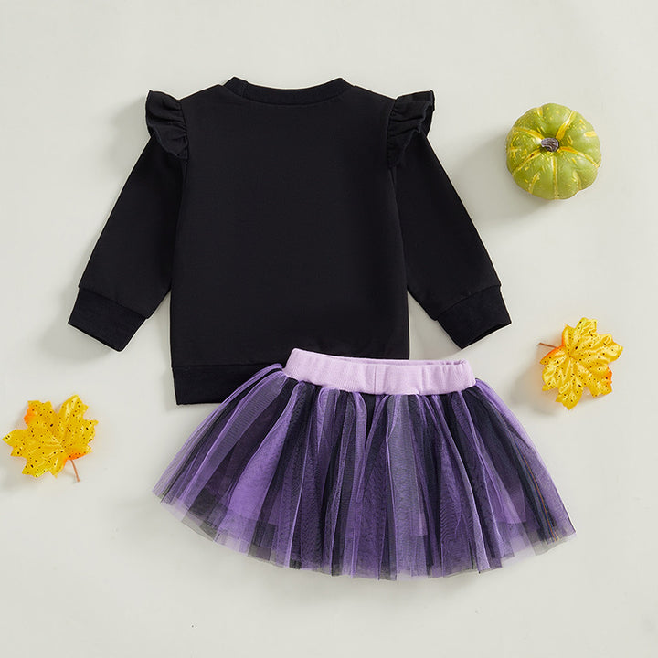 Halloween Girls Sweet Pumpkin Embroidered Top&Mesh Skirt set