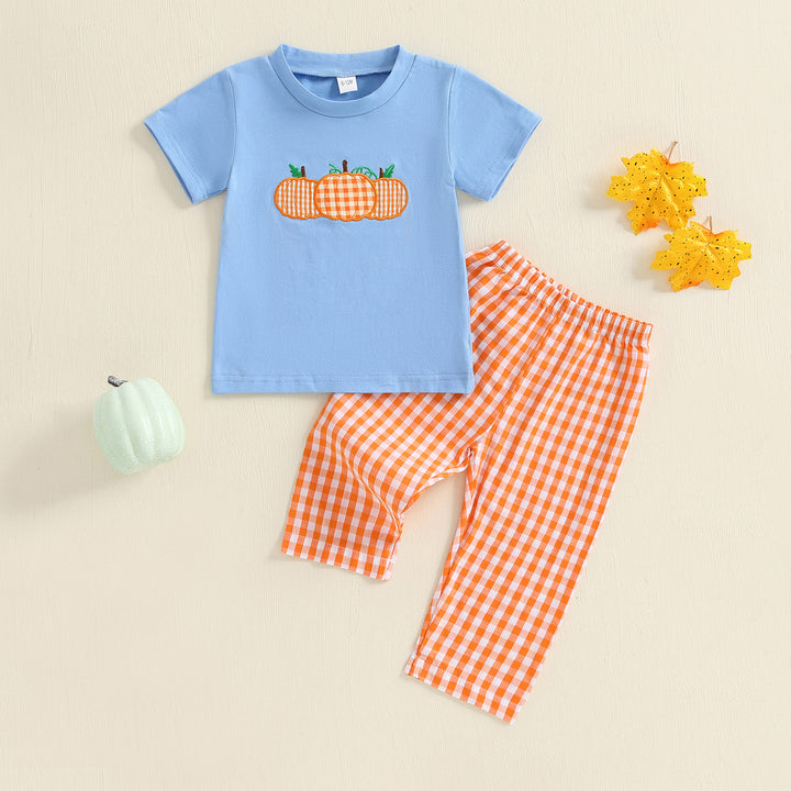 Boys Halloween Pumpkin Embroidered T-shirt&pant set