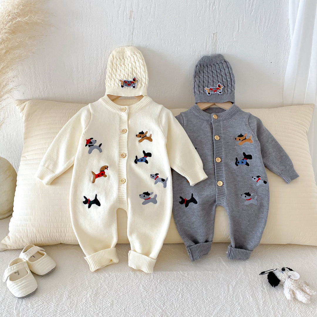 Baby puppy embroidered knitted warm romper