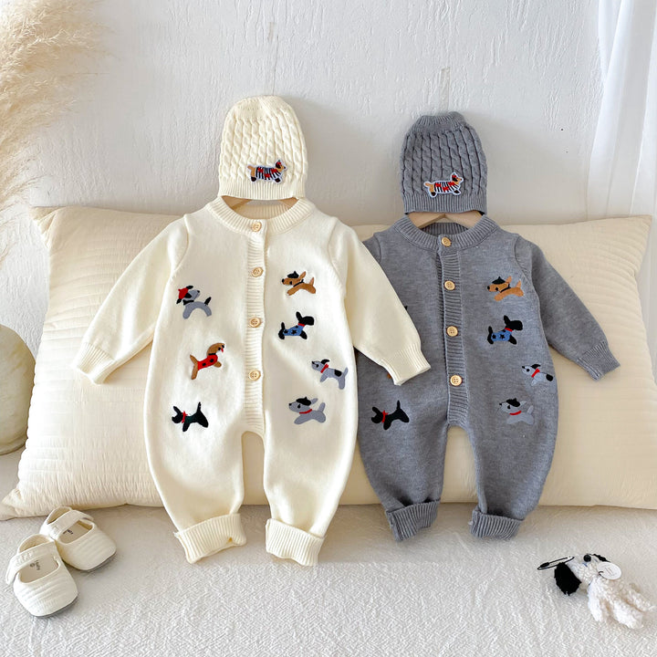 Baby puppy embroidered knitted warm romper