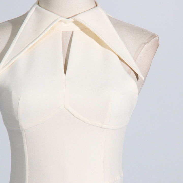 Lapel hollow sleeveless waist pleated dress