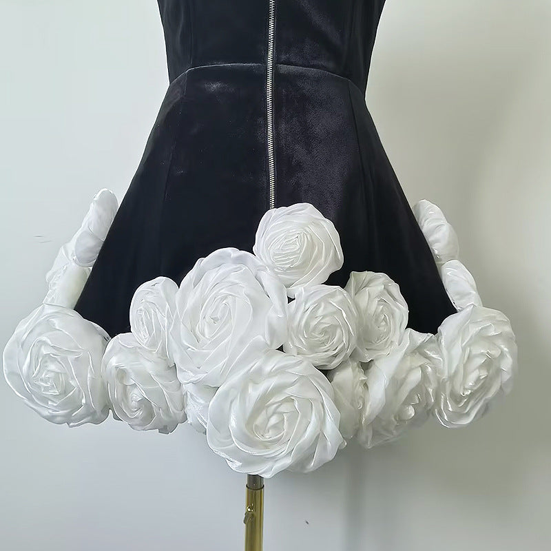 3D white rose flower hem tube top dress