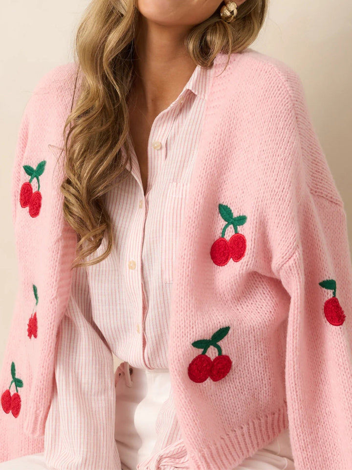 Cherry Embroidery Pink Sweater Cardigan for women