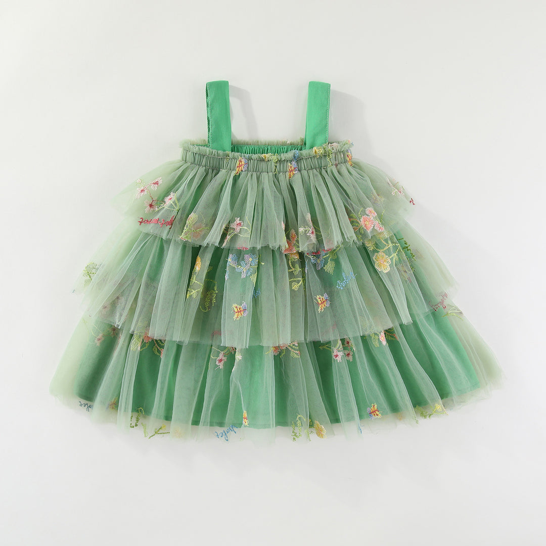 Summer flower embroidered mesh multi-layered tulle dress