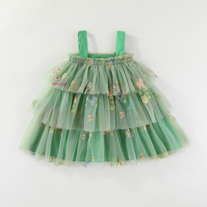 Summer flower embroidered mesh multi-layered tulle dress
