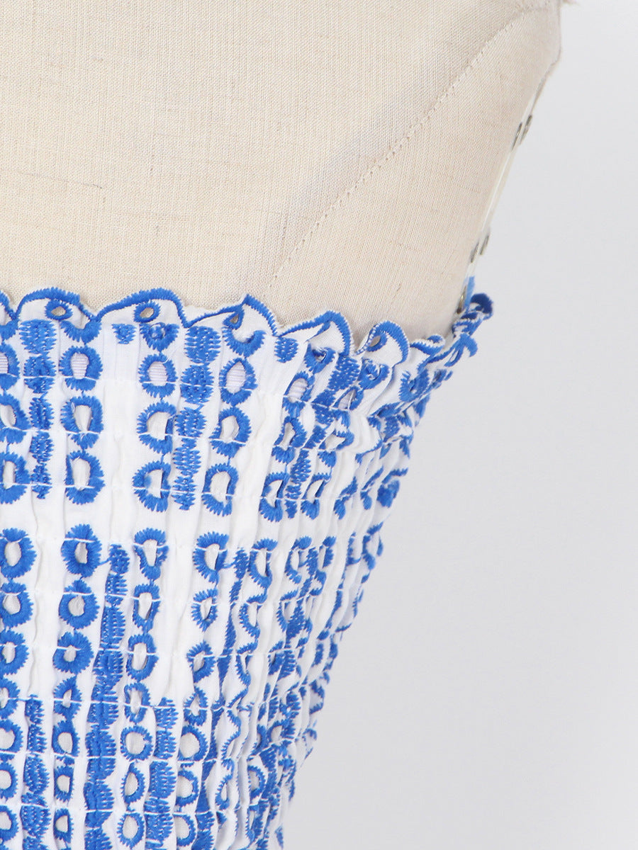 Embroidered tube top puffy mini dress