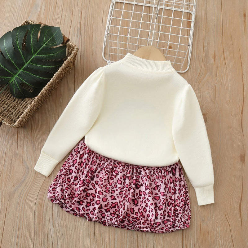 Kitty pattern knitted sweater&leopard skirt 2pcs set
