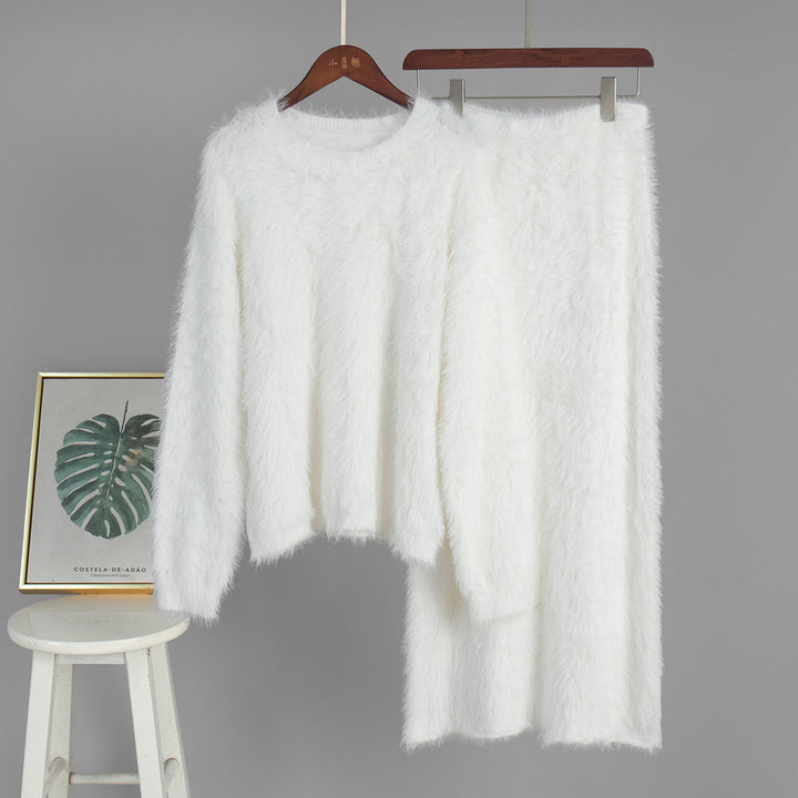 White furry sweater&skirt 2pcs set sweater suit for women