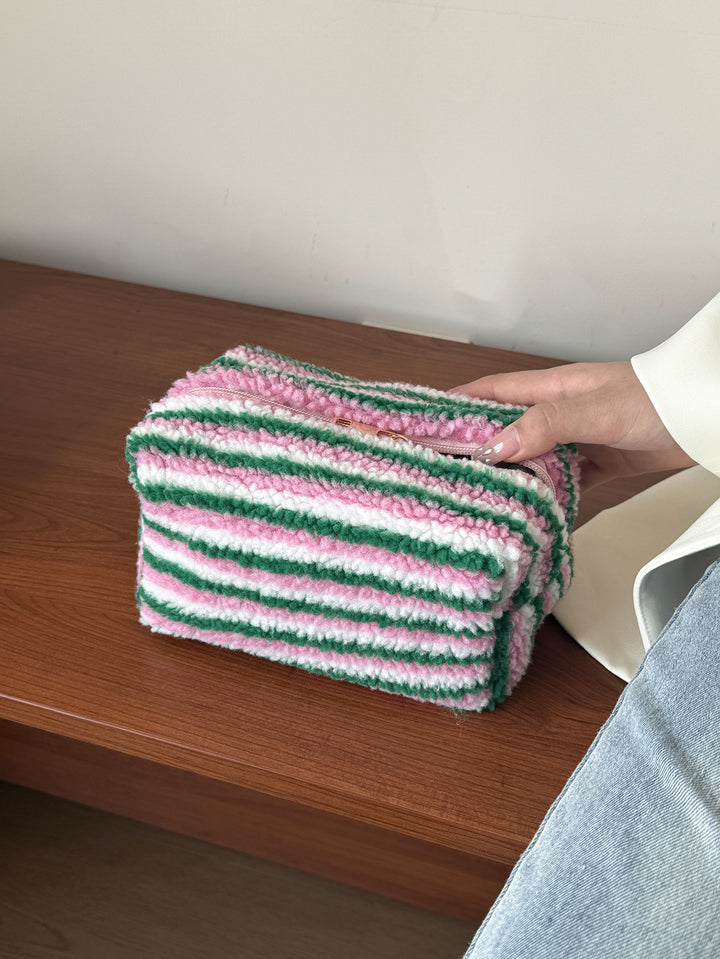 Contrast stripes large capacity furry cosmetic bag