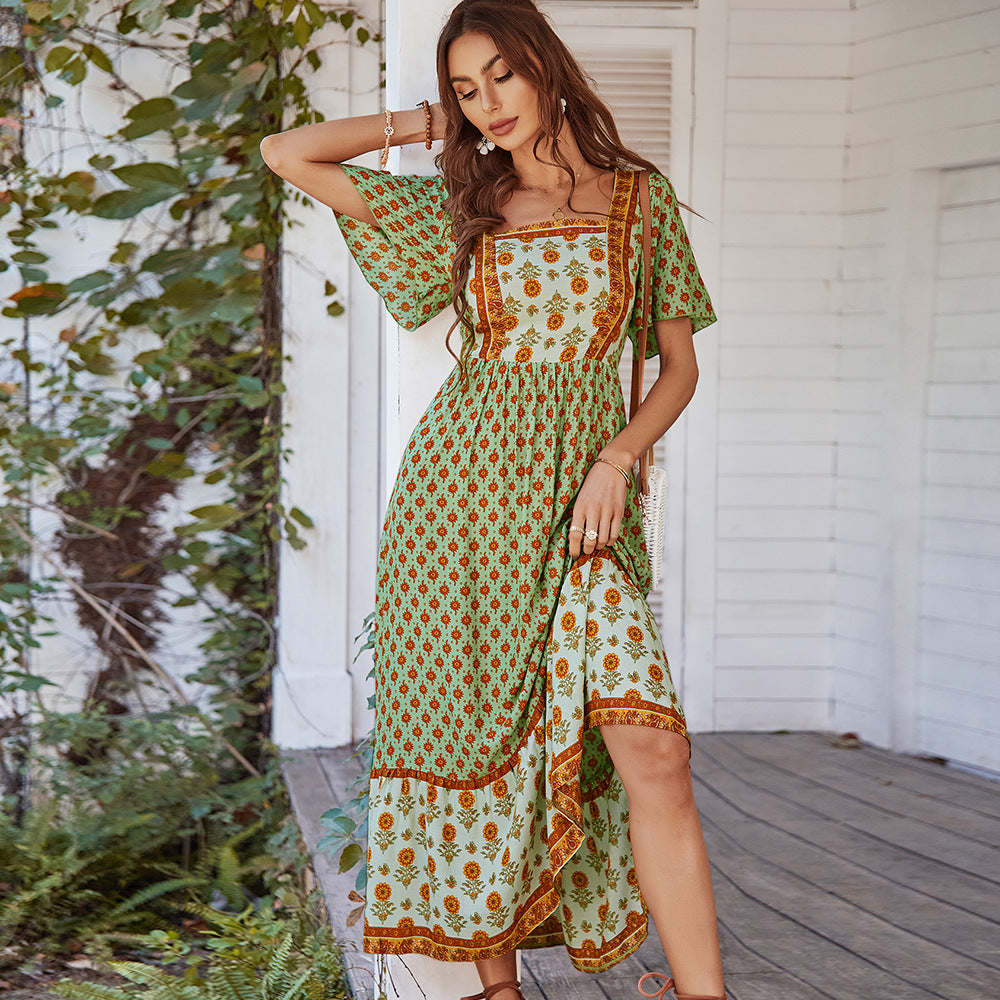 French retro floral printed square neck dress