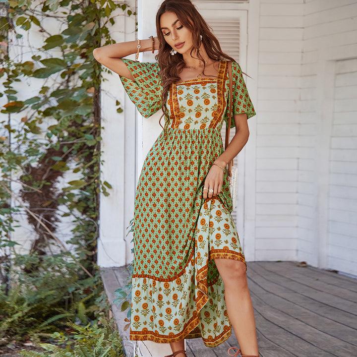 French retro floral printed square neck dress