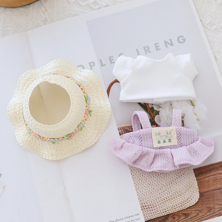 Labubu skirt T-shirt set with straw hat doll clothes