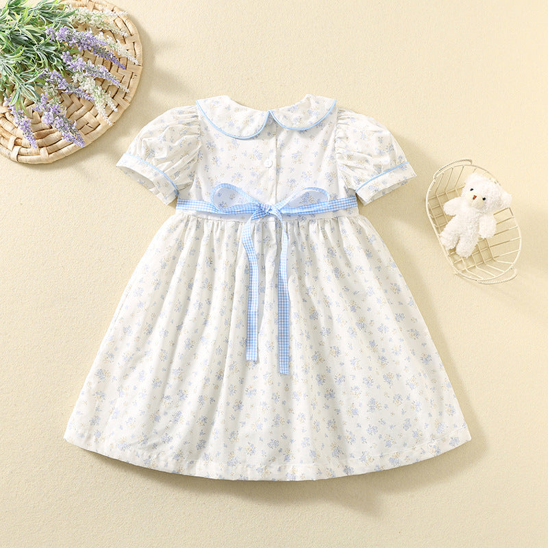 Cute duck embroidered cotton floral smocked dress