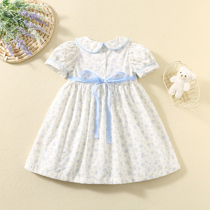 Cute duck embroidered cotton floral smocked dress