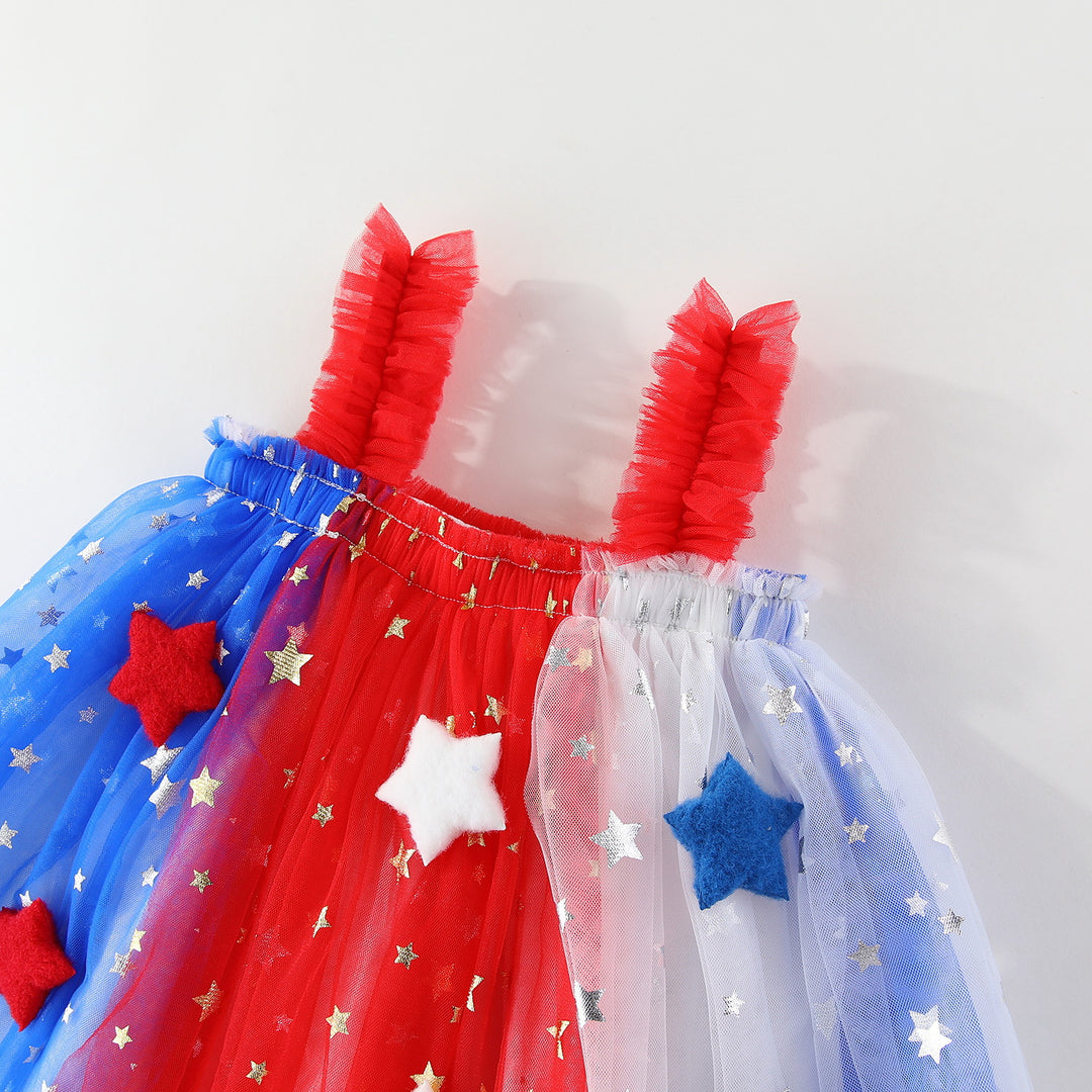 Girls'Glitter Stars Red White Blue mesh dress for 4th of July