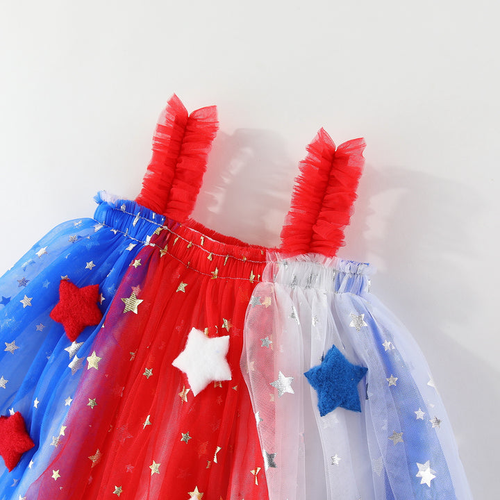 Girls'Glitter Stars Red White Blue mesh dress for 4th of July