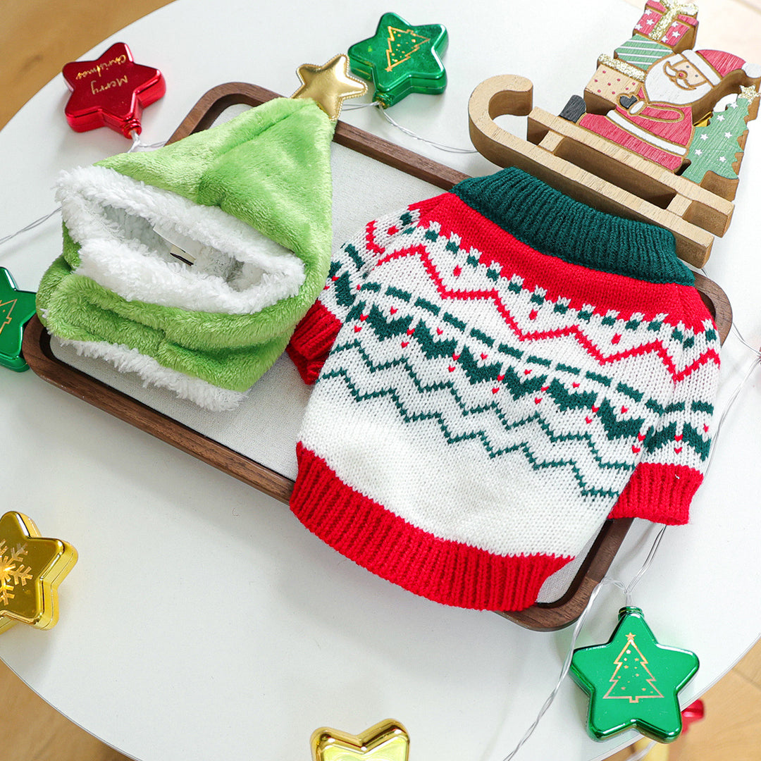 Puppy&Kitten Christmas Sweater&hat 2pcs set pet clothes