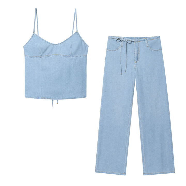Camisole Bow Top&Mid-Rise Jeans 2pcs set