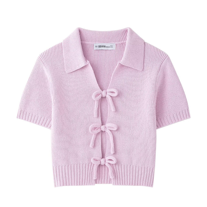 Bow deco short-sleeved slim-fit knit top