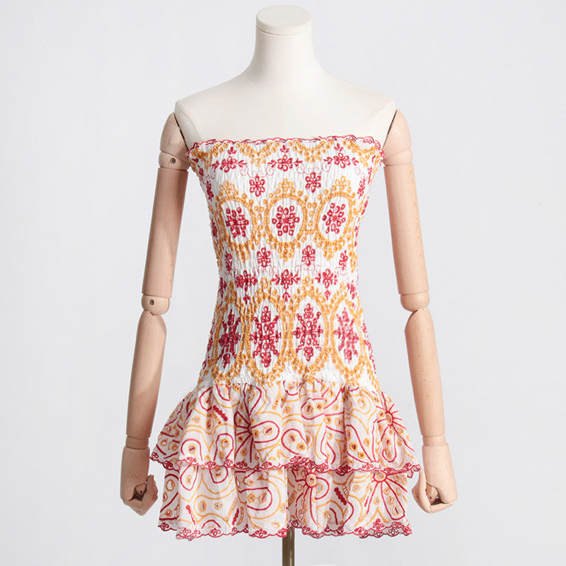 Embroidered tube top puffy mini dress