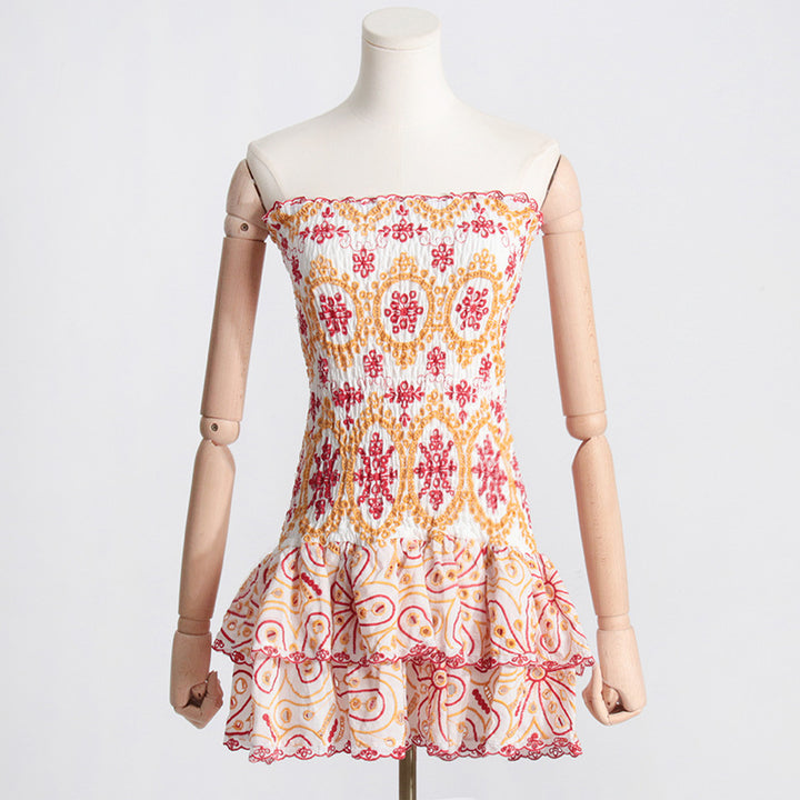 Embroidered tube top puffy mini dress