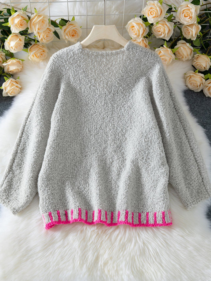 Hot Pink star loose V-neck knitted sweater
