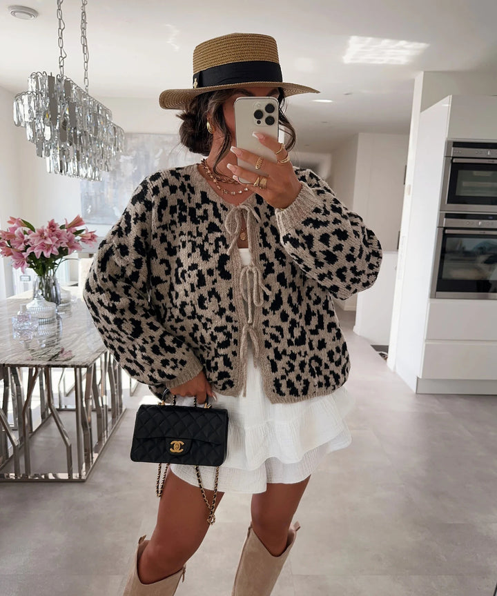 Bow tie knitted leopard cardigan coat