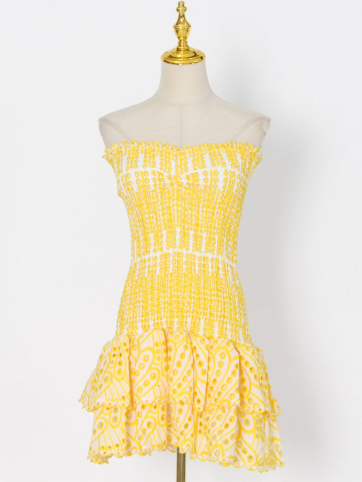 Embroidered tube top puffy mini dress