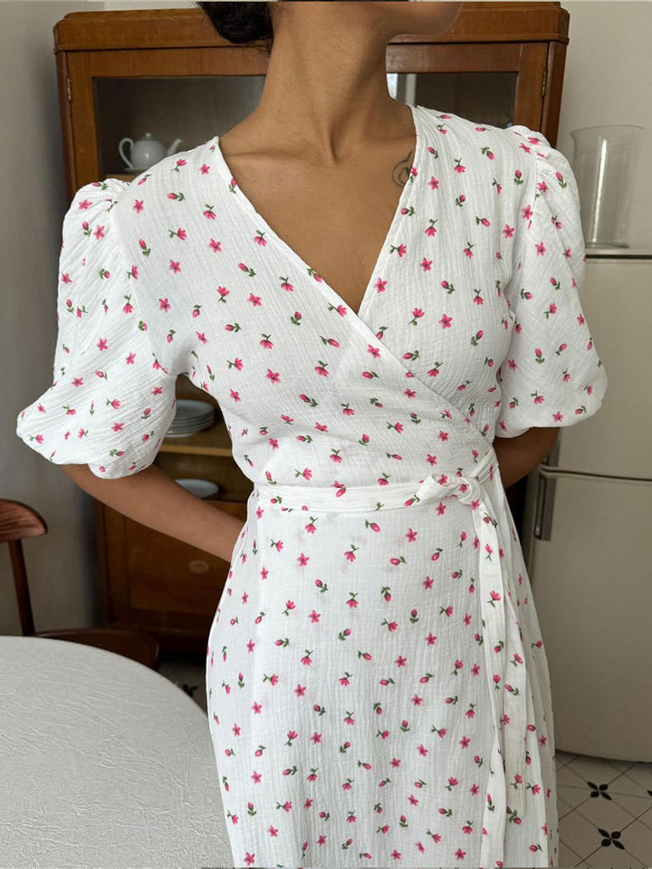 Cotton crepe puff sleeve V-neck lace-up floral dress