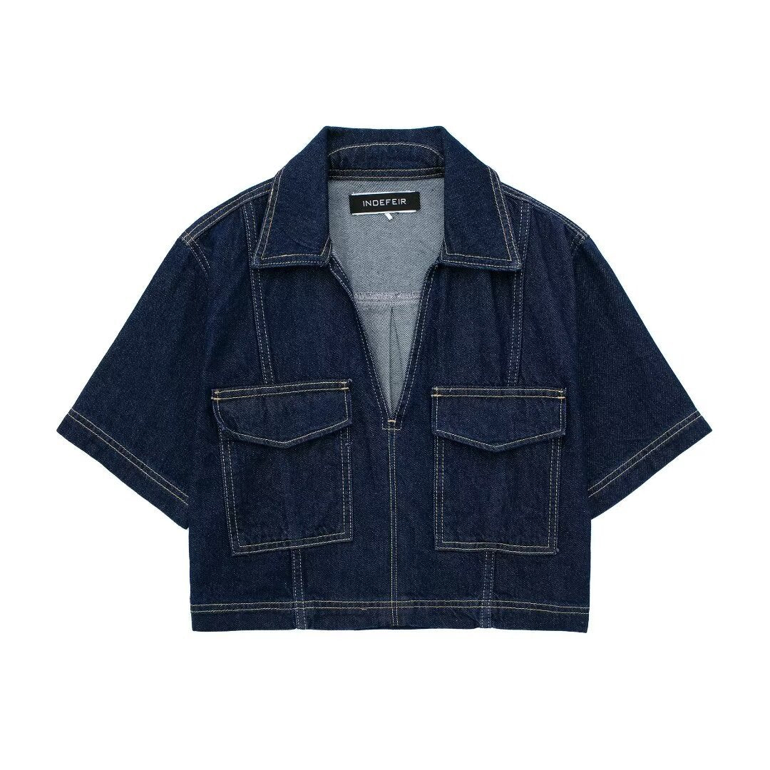 Cropped Denim Shirt&Double Breasted Culottes
